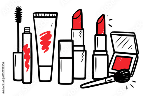 Essential beauty products collection featuring lipstick mascara blush and cosmetic brush