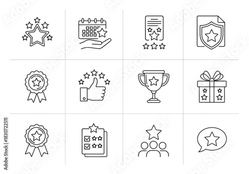 Vector illustration of collection of line icon set representing rating, review, award, achievement, quality, feedback, and customer satisfaction concept