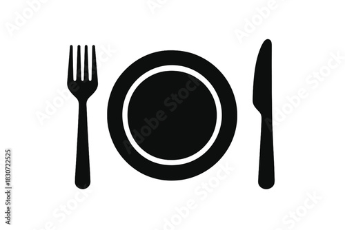 Minimalist black silhouette of a dinner plate, fork, and knife arranged for a standard meal setting