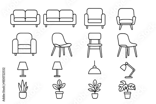 Minimalist line icons featuring home furniture, lighting fixtures, and indoor plants