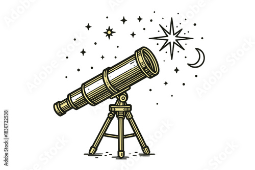 Vintage style telescope observing the night sky with shining stars and crescent moon