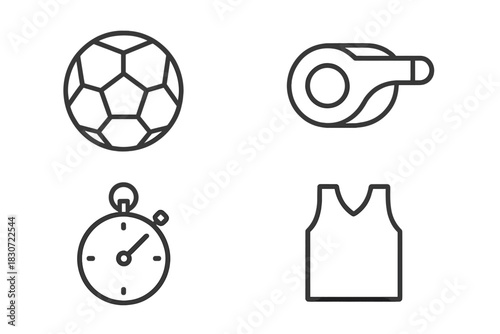 Soccer ball, referee whistle, stopwatch, and athletic jersey equipment collection