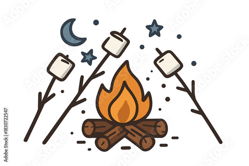 Cozy campfire scene with marshmallows roasting under crescent moon and stars