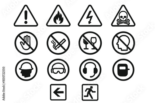 Set of hazard warning, prohibition, and mandatory personal protective equipment icons