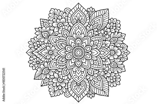 Intricate floral mandala pattern for adult coloring book or meditative art design