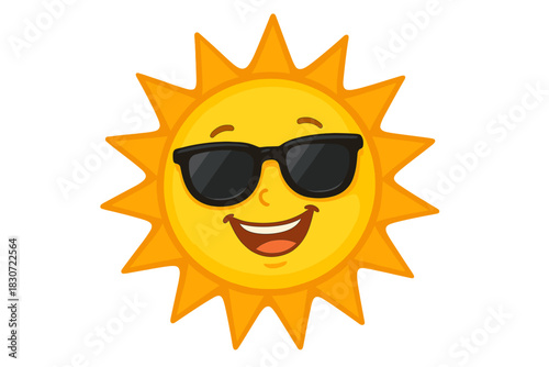 Happy cartoon sun character wearing cool black sunglasses smiling brightly