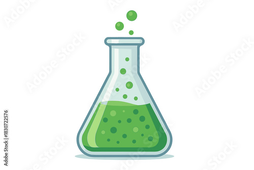 Conical laboratory flask with bright green bubbling liquid for science, chemistry, or alchemy experiments