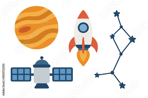 Stylized set of space objects featuring a striped planet, launching rocket, orbiting satellite, and star constellation