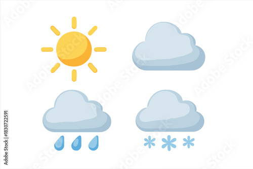 Volumetric weather icons set for sunny, cloudy, rainy, and snowy conditions
