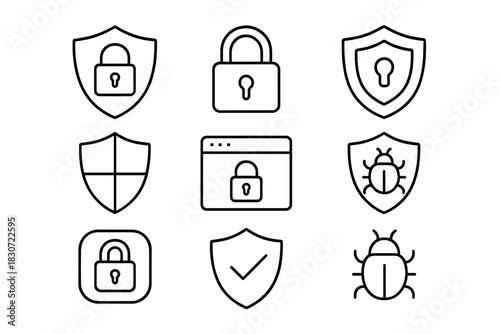 Cybersecurity and data protection symbols including shields, padlocks, and digital threats