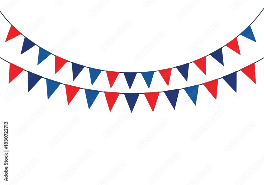 Obraz premium Vector illustration of two strings of red and blue triangular pennant flags hanging against a for celebration or party decoration