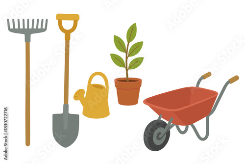 Essential set of gardening tools and equipment including a rake shovel watering can potted plant and wheelbarrow