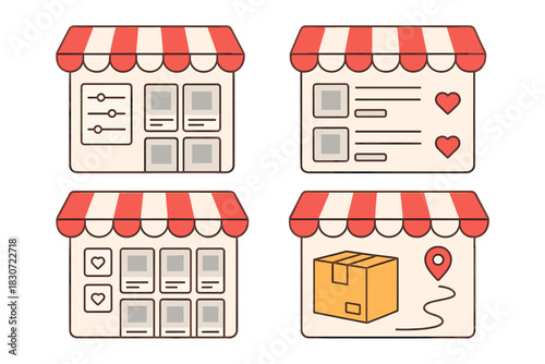 E-commerce icons showing product selection, filtering, favorites, and delivery tracking