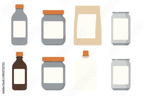 Set of blank product packaging mockups including bottles, jars, cans, and pouches on white