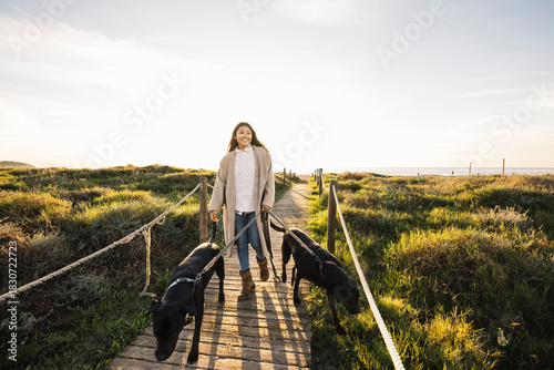 Photography Woman walking two dogs on wooden boardwalk admiring sunset