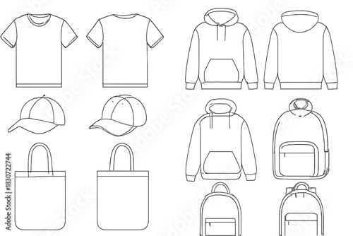 Blank apparel and accessory outline templates including t-shirt, hoodie, cap, tote bag, and backpack