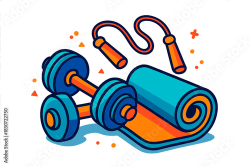 Colorful fitness equipment set with dumbbells, jump rope, and rolled exercise mat