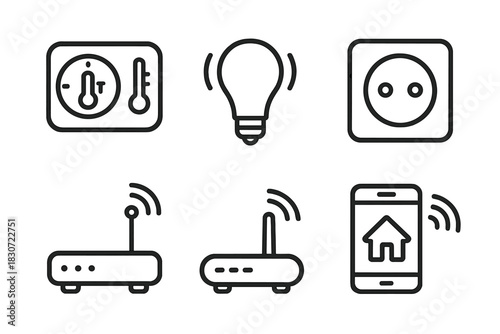 Smart home technology and internet connectivity icons set including thermostat light bulb router and mobile control