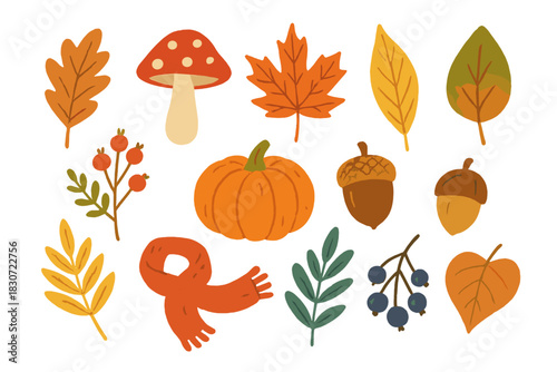 Colorful autumn harvest elements set with pumpkin, maple leaves, acorns, berries, and mushroom