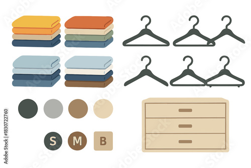 Folded textiles, clothing hangers, and chest of drawers for home organization