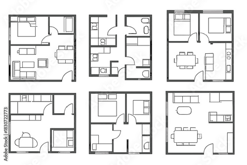 Six diverse residential floor plans showing interior room layouts and furniture placement