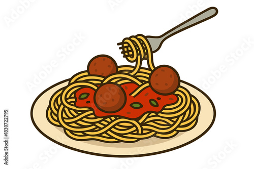 Fork lifting spaghetti and meatballs covered in rich tomato sauce and basil