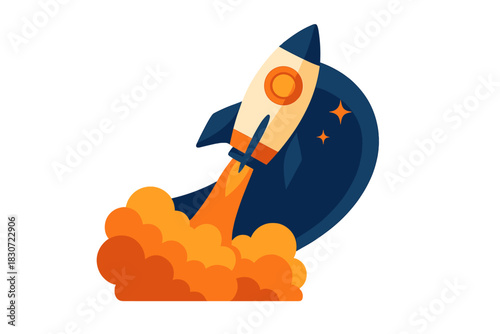 Rocket ship launching into the dark night sky with fire and smoke trail during takeoff