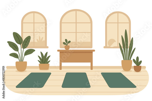 Minimalist yoga studio interior with arched and potted plants