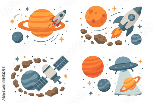Space exploration elements including rockets planets satellites asteroids and flying saucers