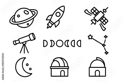 Outline icons set featuring celestial bodies, spacecraft, and astronomical observation tools