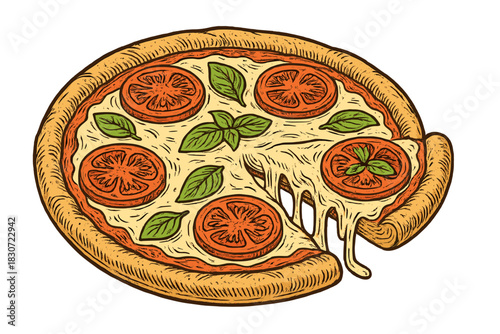 Delicious whole Margherita pizza with melting cheese, fresh basil leaves, and sliced tomatoes