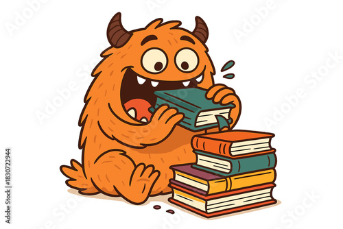 Furry orange monster happily sitting and eating a book from a colorful stack