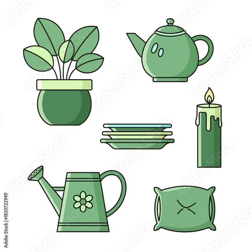 Whimsical green kitchen still life scene with potted plant and kitchen accessories arrangement