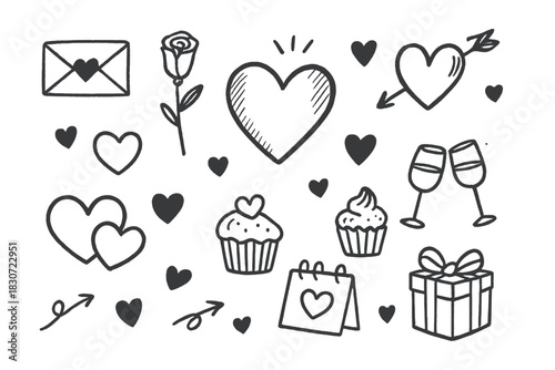 Romantic doodle elements collection featuring hearts, rose, cupcakes, and gift box