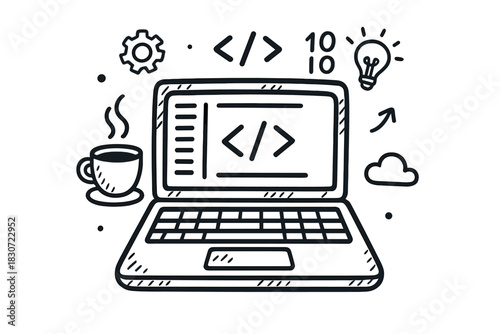 Laptop with coding elements, coffee cup, and development concepts on white background