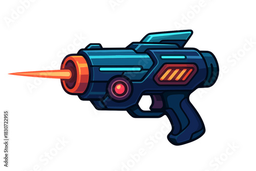 Stylized futuristic dark blue ray gun or blaster firing a bright orange energy beam