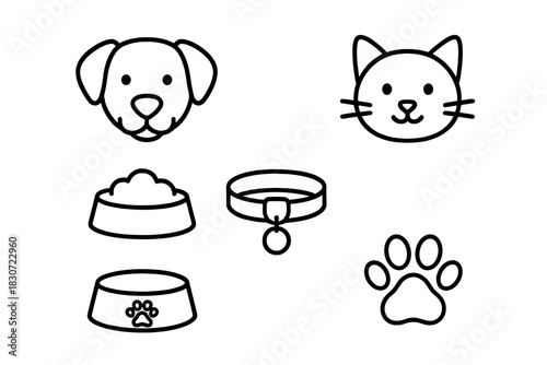 Minimalist outline symbols for pet care including dog, cat, feeding bowls, collar, and paw print