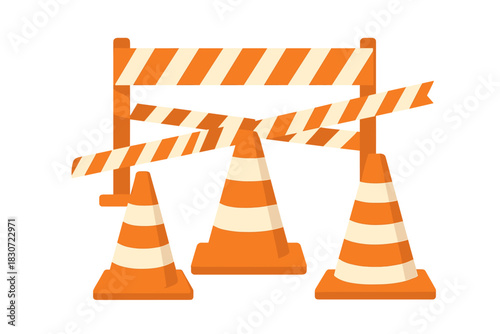 Orange and white traffic cones with construction barrier and caution tape