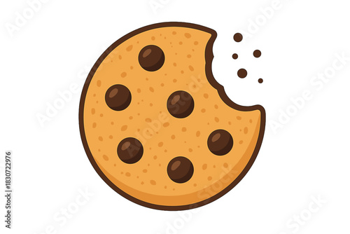 Classic round chocolate chip cookie with a missing bite mark and scattered crumbs