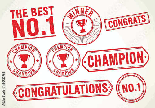 Vector illustration of collection of red grunge rubber stamps with text like winner, champion, no 1, and congrats