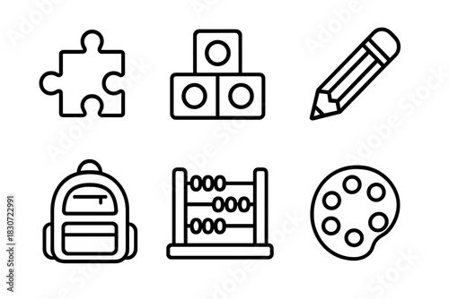 Outline icons for school and education featuring puzzle piece, building blocks, pencil, backpack, abacus, and paint palette