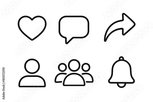 Outline icons set for social media interface featuring heart, speech bubble, and user profile