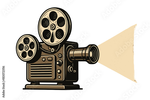 Vintage movie projector with film reels casting a light beam for cinema and entertainment