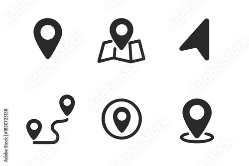 Set of location pin icons and navigation symbols for mapping applications and GPS systems
