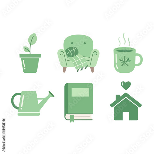 Minimalist green icons symbolizing homey comfort and peaceful leisure activities relaxation