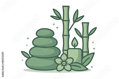Stacked zen stones, green bamboo stalks, and a glowing candle for spa wellness