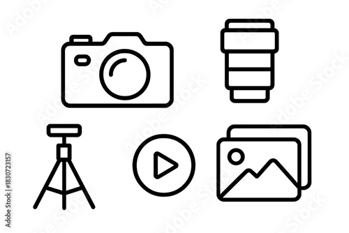 Set of photography and video equipment icons including camera, lens, tripod, and media symbols