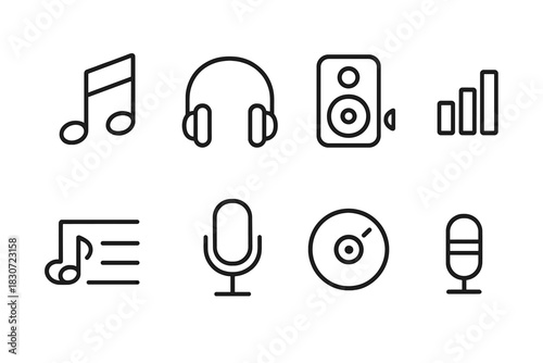 Outline icons for music, sound, audio technology, and recording equipment