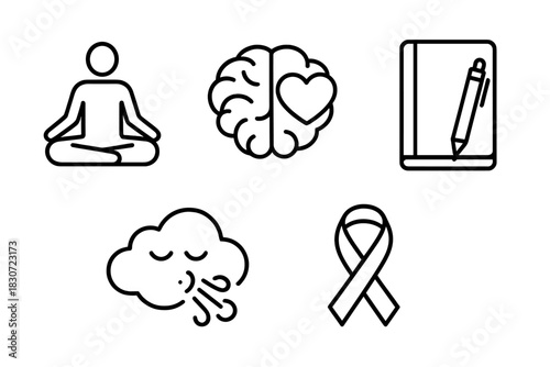 Set of outline icons for mindfulness, wellness, meditation, mental health, and creativity concepts