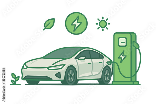 Electric vehicle charging at a green station with renewable energy symbols for sustainable transport